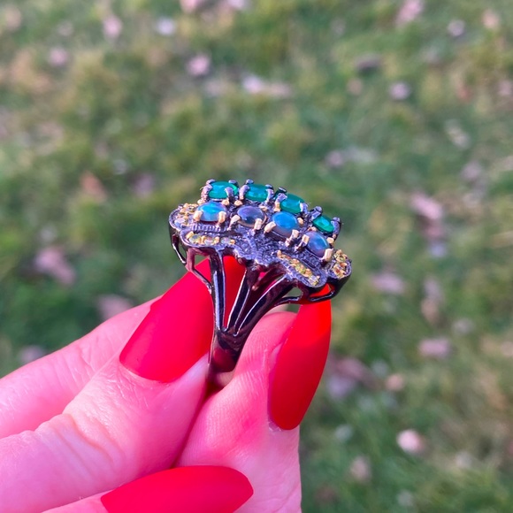 Vintage Art Deco Style Green Onyx & Opal Cluster Ring Sz 6 925 Silver Gold - Picture 7 of 8